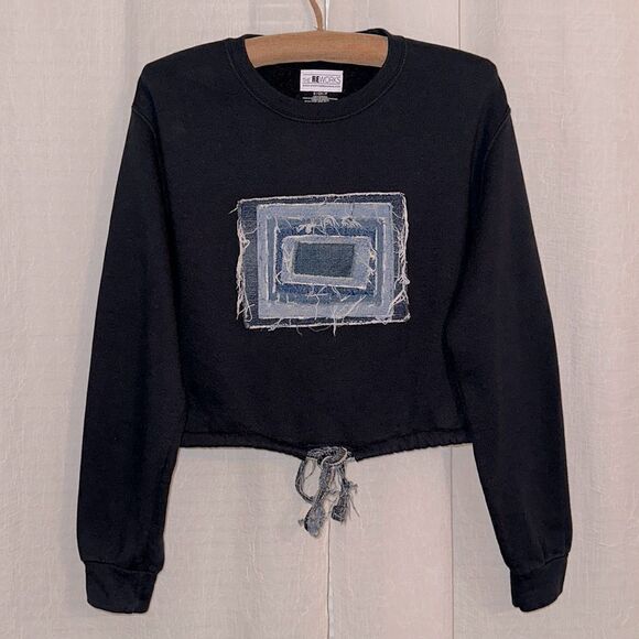 The REWORKS S Navy Distressed Denim Patchwork Ties Cropped Crewneck Sweatshirt - Picture 1 of 13